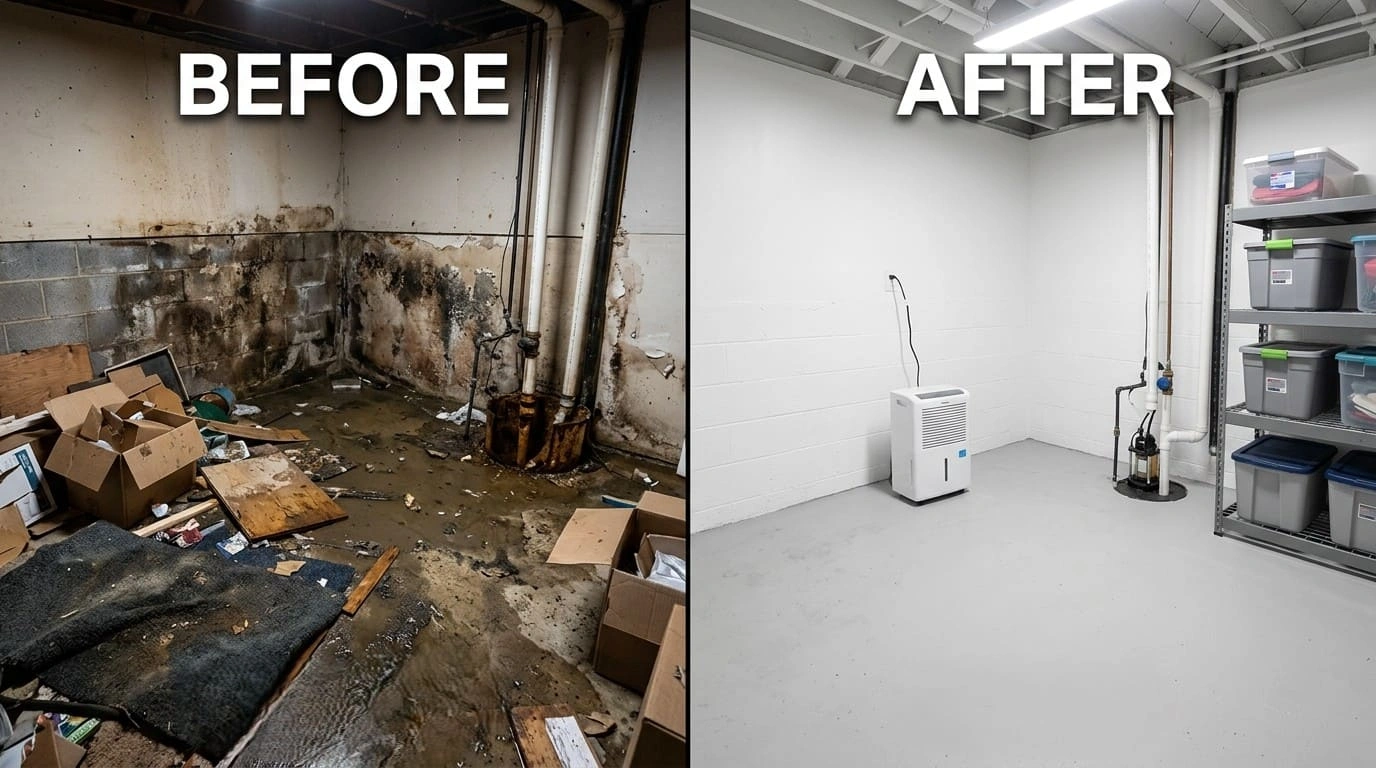Basement water damage cleanup before and after Creek Auro Restoration Aurora CO