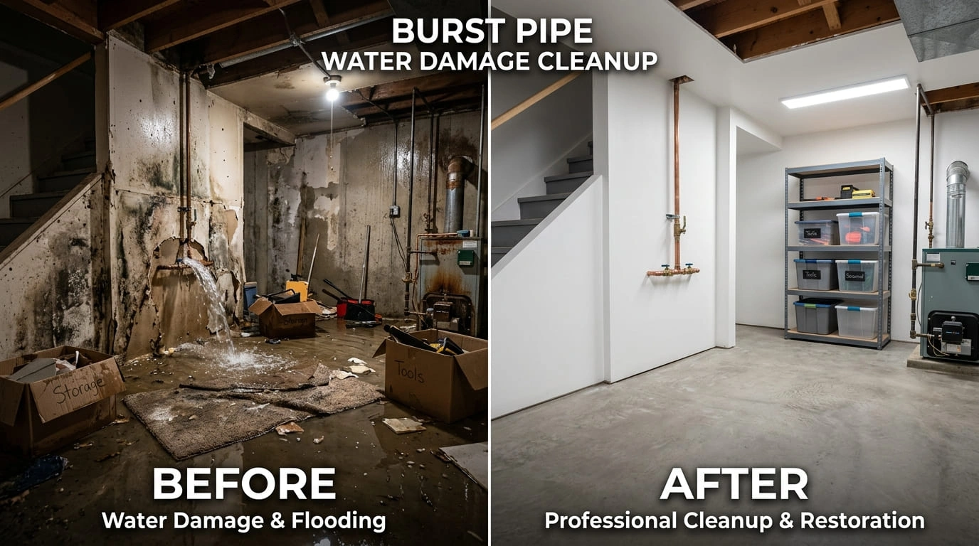 Burst pipe water damage cleanup before and after Aurora CO