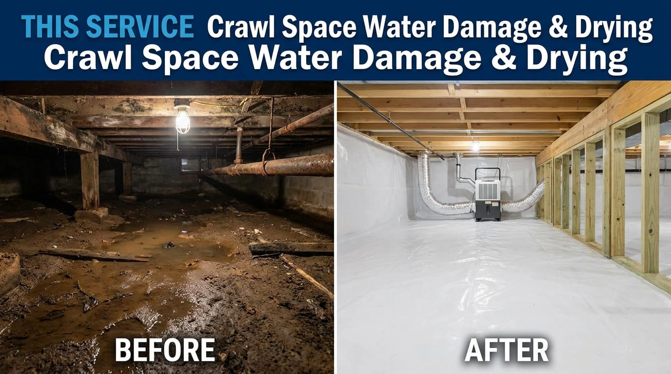 Crawl space water damage drying before and after showing flooded area cleared and dried with professional equipment in Aurora CO