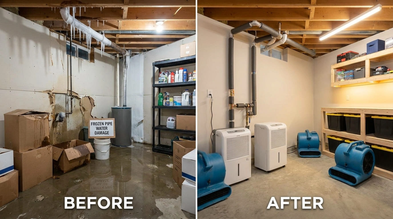 Frozen pipe water damage cleanup before and after Creek Auro Restoration Aurora CO