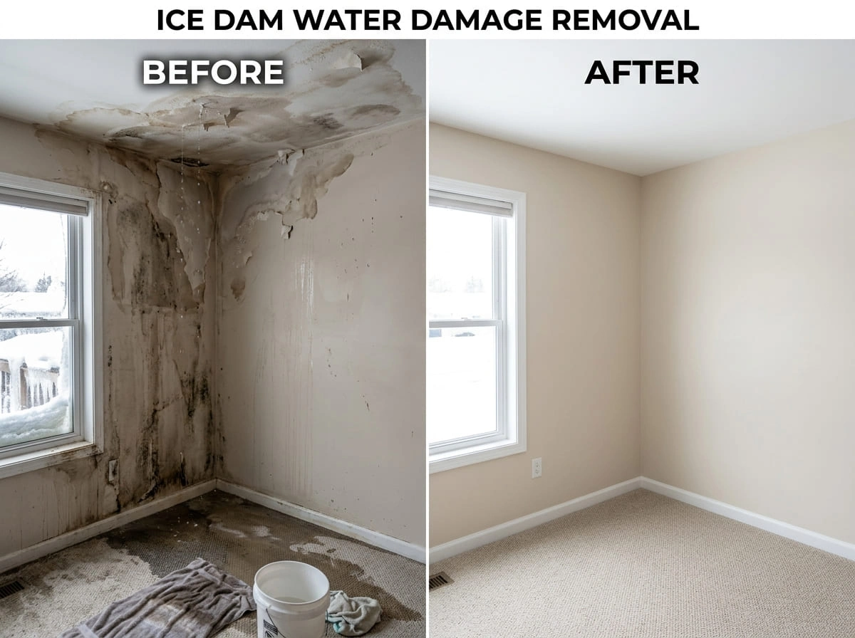 Ice dam water damage removal before and after showing wet ceiling opened and dried by Creek Auro Restoration in Aurora CO