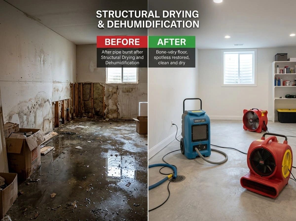 Structural drying and dehumidification before and after Creek Auro Restoration Aurora CO