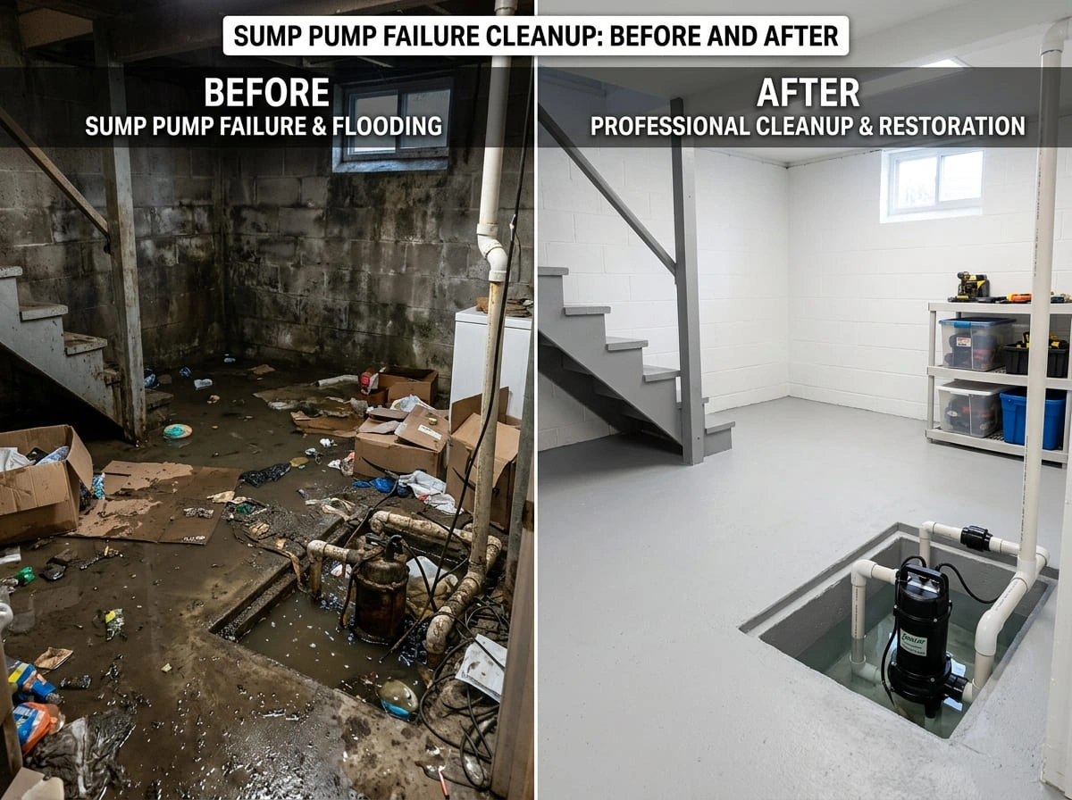 Sump Pump Failure Cleanup Before and After Creek Auro Restoration Aurora CO
