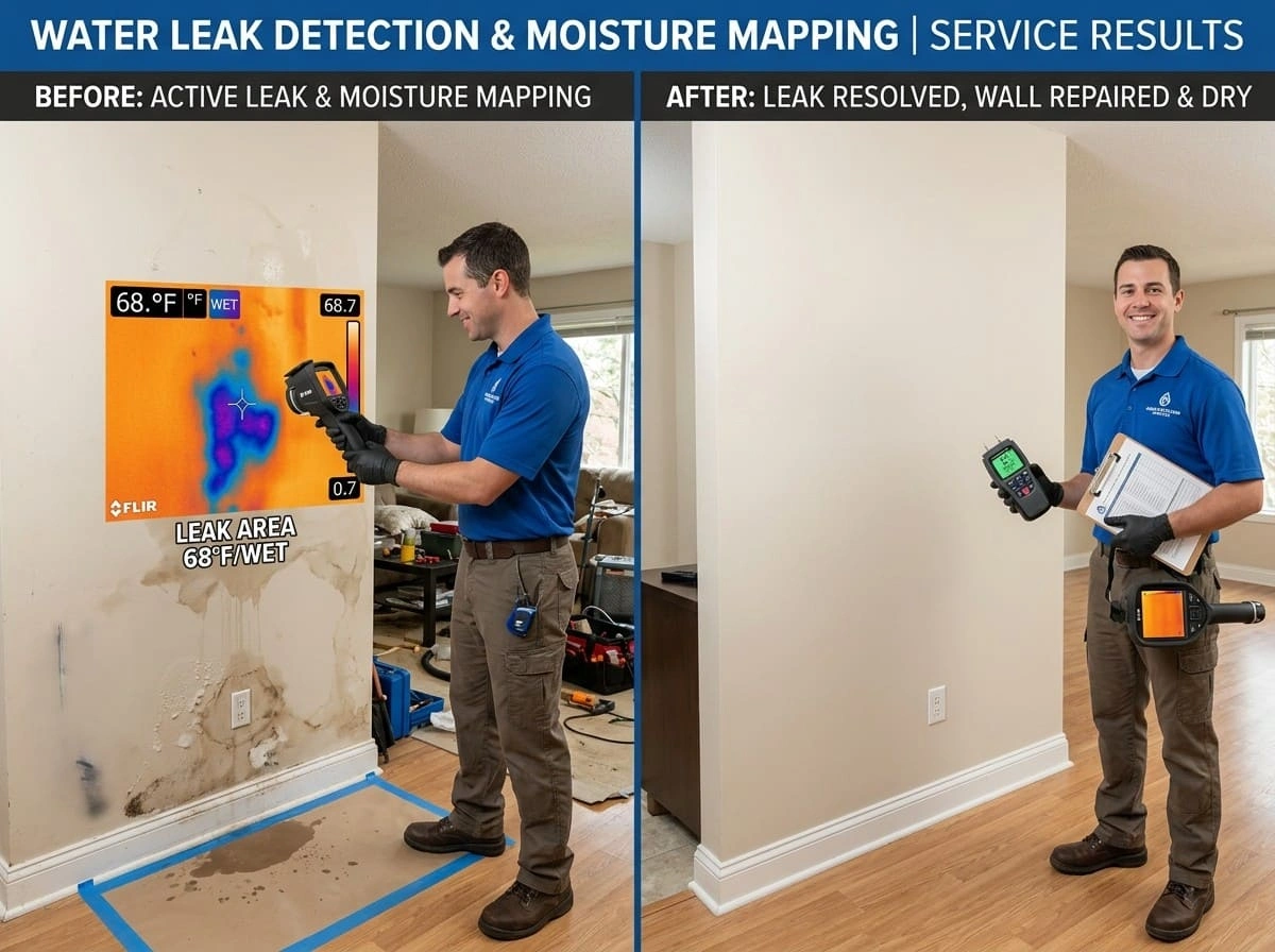 Water leak detection and moisture mapping before and after Creek Auro Restoration Aurora CO