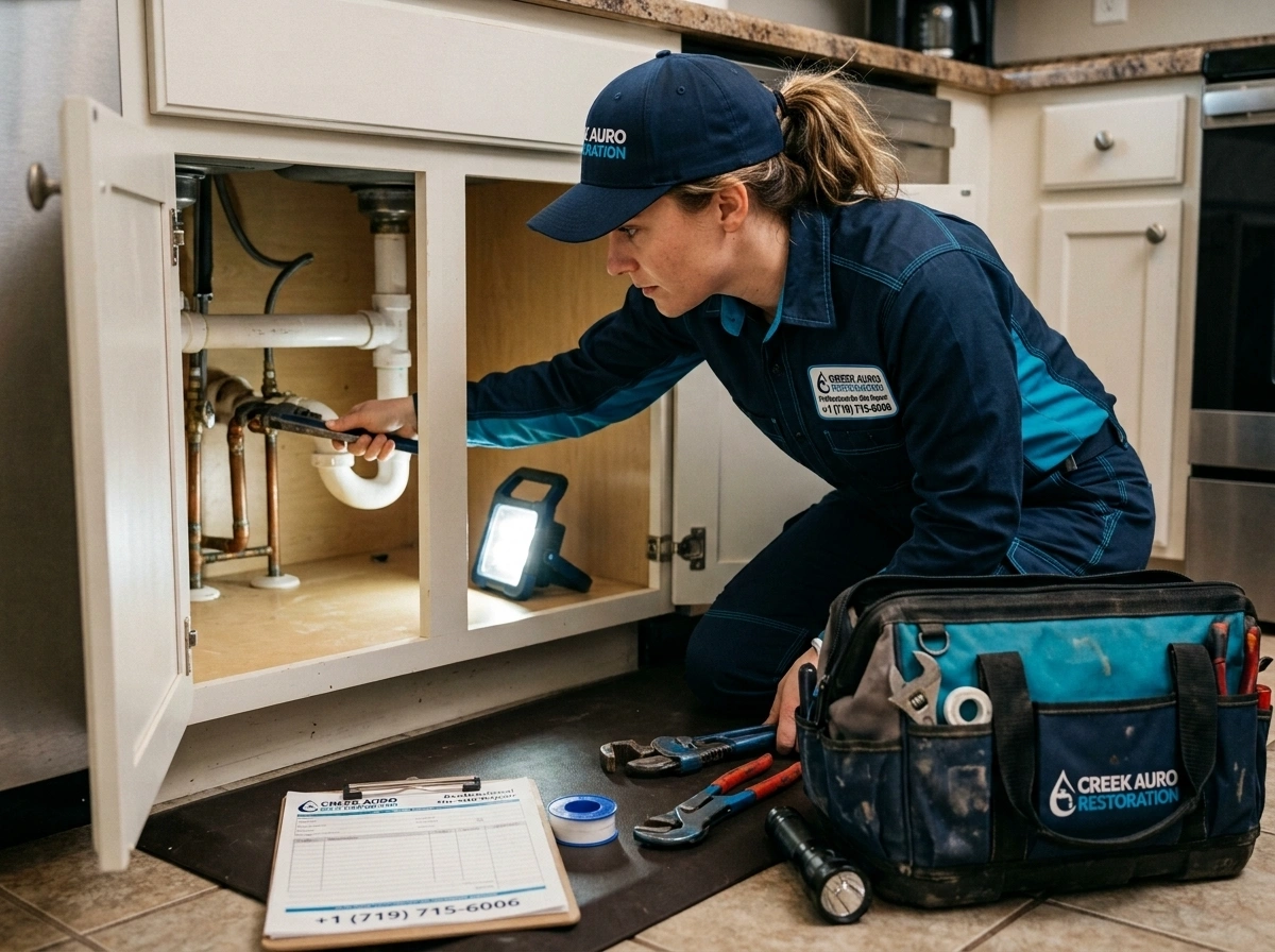 Under sink pipe leak repair Creek Auro Restoration Aurora CO
